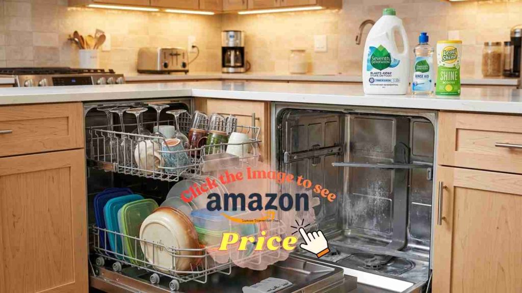 Open Bosch dishwasher with calcium film on walls plus Seventh Generation bottle and rinse aid — maintenance challenges.
