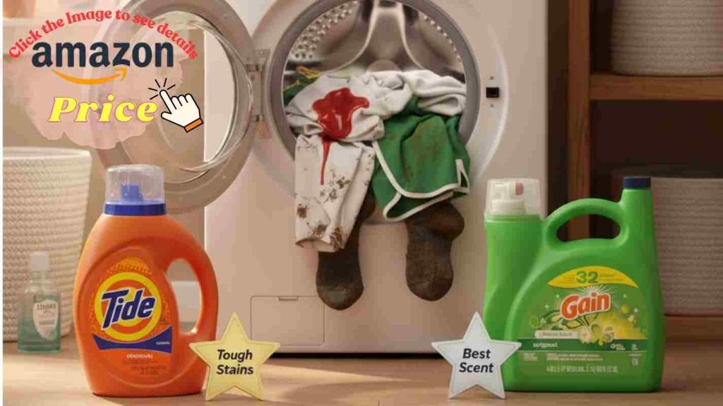  Personal laundry verdict scene: Tide wins for tough stains on sports gear, Gain wins for best scent in washing room.