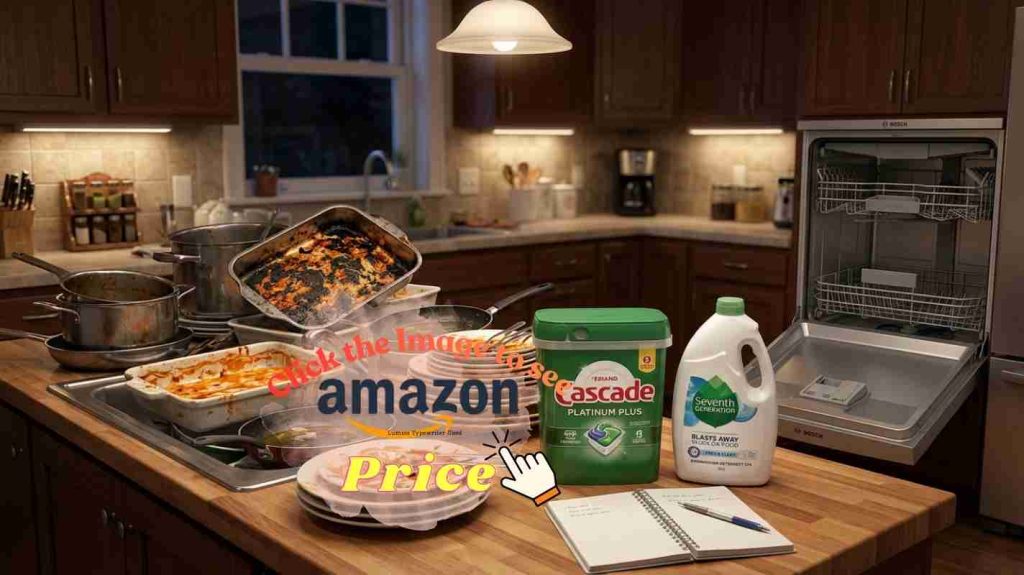 Piled dirty pots and casseroles in sink with both detergent brands and notebook — the two-week dishwashing test story.