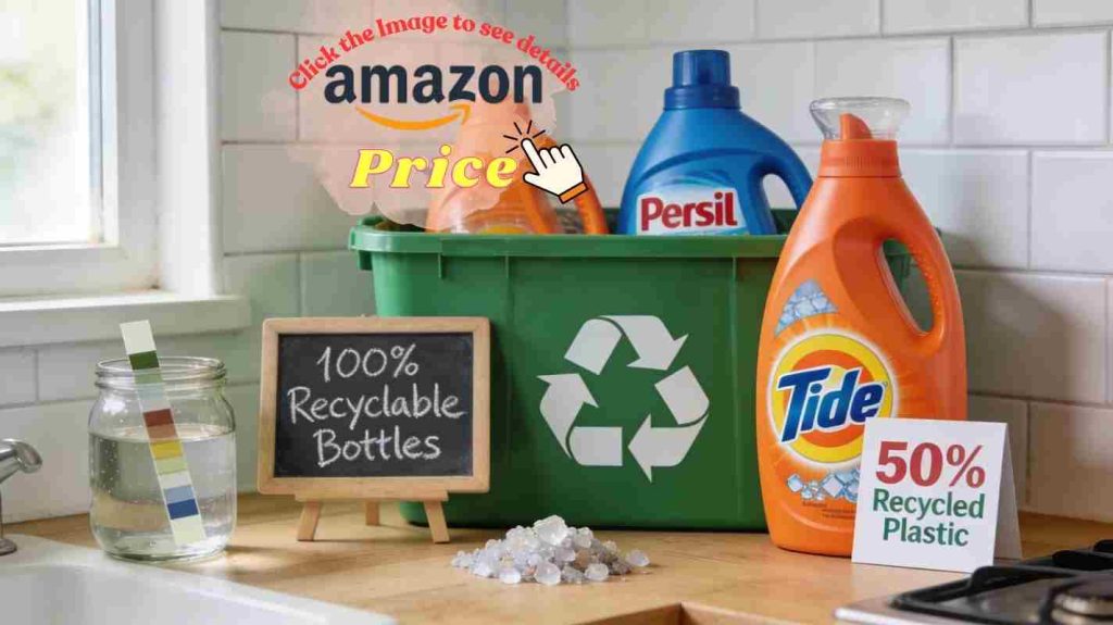Recyclable detergent bottles in green bin with water hardness test strip — environmental impact and hard water factor.