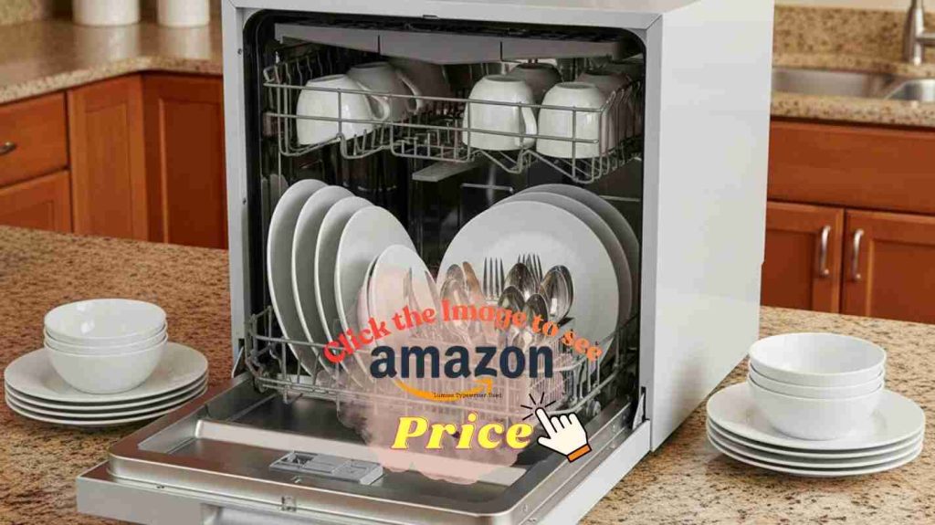 SPT SD-2224DS on granite counter, door open, six place settings of plates, bowls, cups, and cutlery loaded inside.
