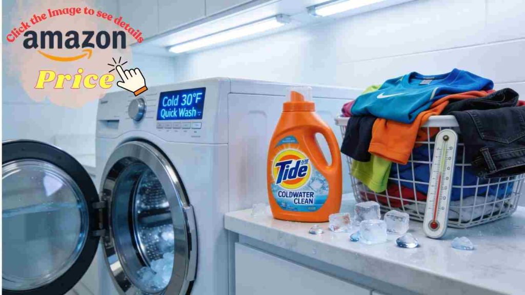 Tide Coldwater Clean bottle beside front-load washer on quick cold cycle — cold water performance test for laundry detergent.