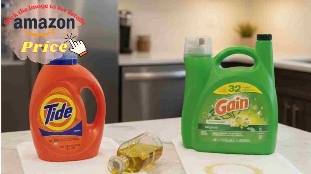 Tide vs Gain cleaning power test: oil-stained white towels on kitchen counter show Tide's superior stain removal ability.