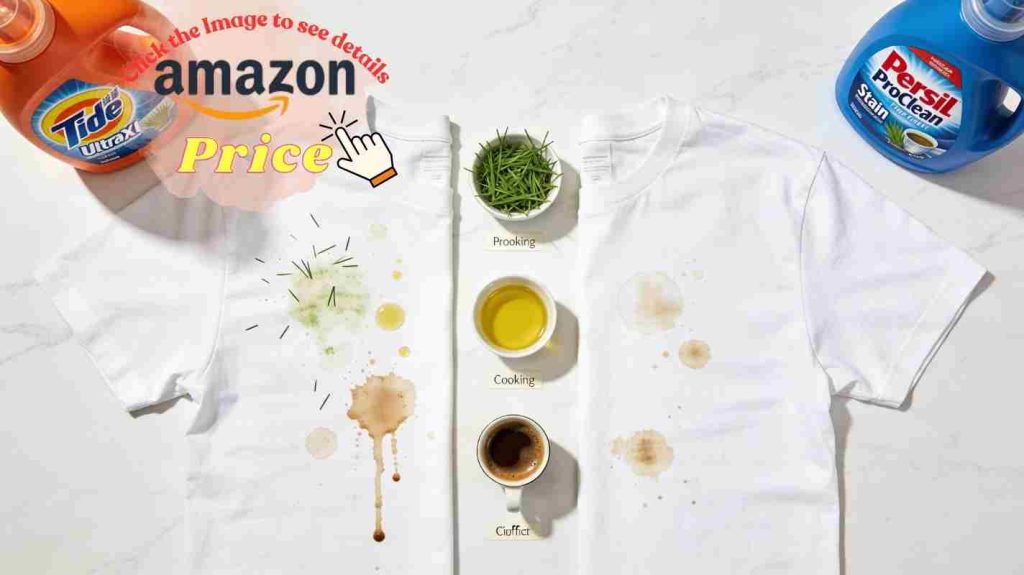 Two white shirts with grass, oil, and coffee stains tested side-by-side — Tide Ultra Oxi vs Persil Stain Fighter removal.