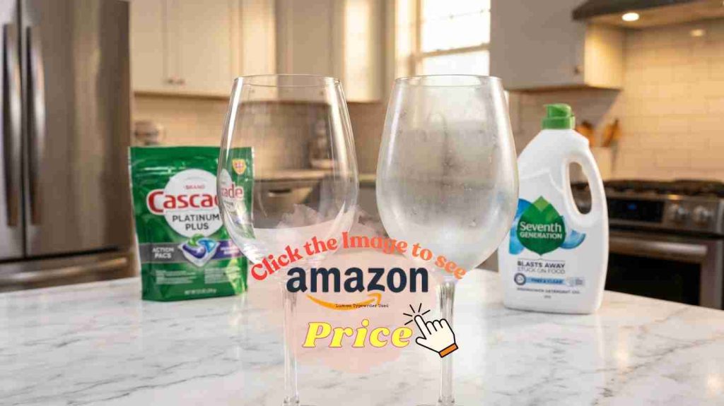 Two wine glasses on marble counter — one sparkles, one has fog — hard water performance comparison with both products.