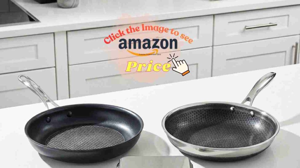 Anolon X and HexClad pans on bright counter, highlighting build quality difference and solid cookware feel.