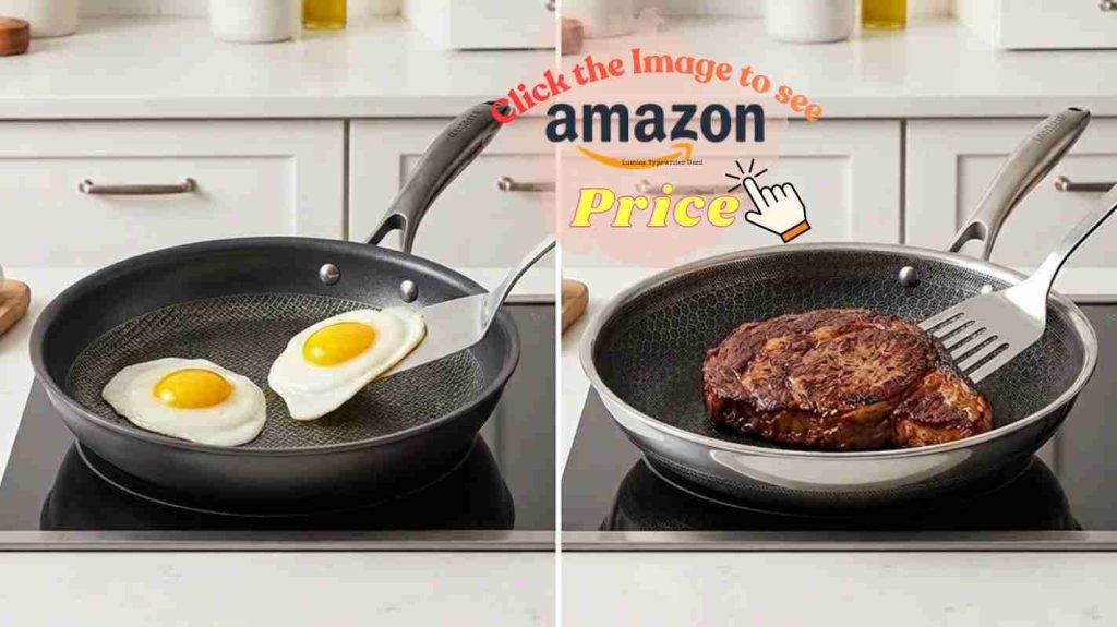 Anolon X gently releases eggs with light oil, while HexClad shows steak seared to a deep brown crust.