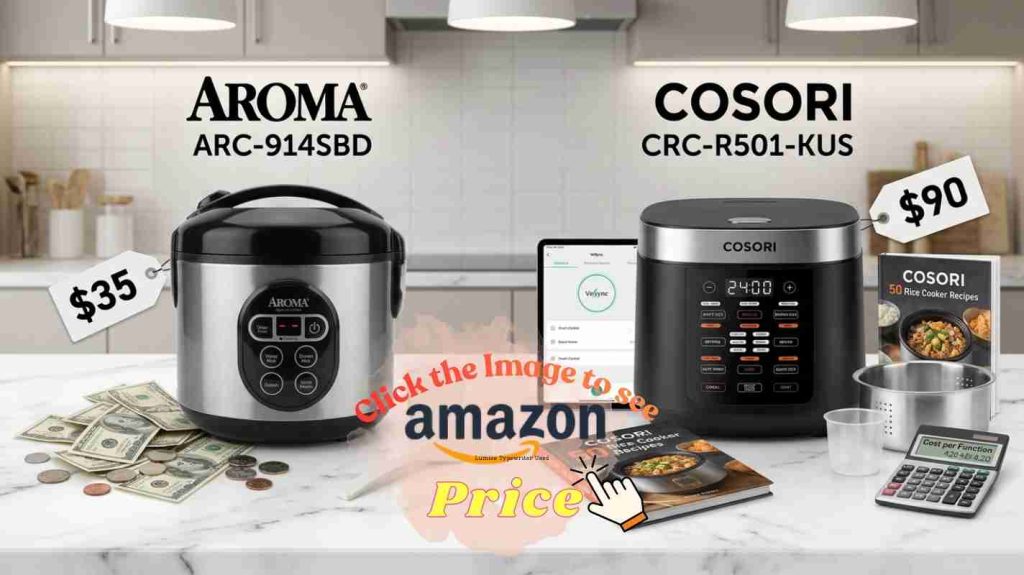 Aroma $35 budget-friendly rice cooker value versus Cosori $90 premium price with 18 functions and app support