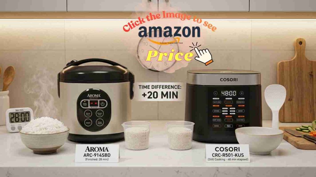 Aroma cooks white rice in 28 minutes versus Cosori 48 minutes, showing clear cooking time speed difference