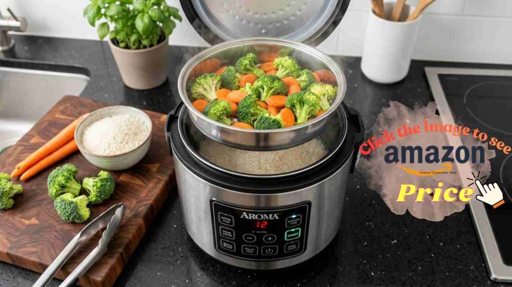 Aroma multi-function rice cooker steaming vegetables in basket tray, showing versatile cooking modes