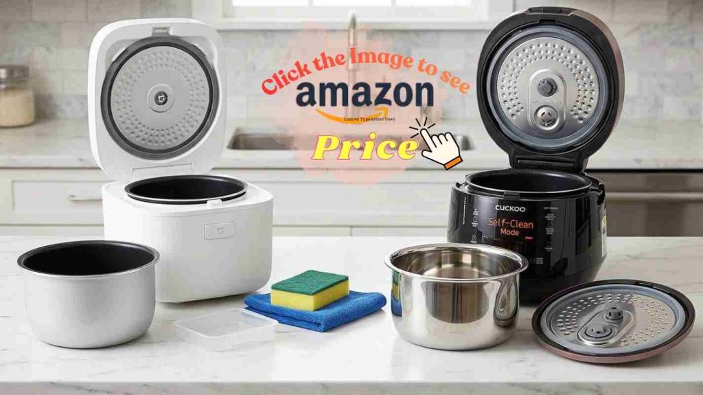 Build quality comparison showing Cuckoo stainless steel pot and detachable lid versus Xiaomi aluminum construction