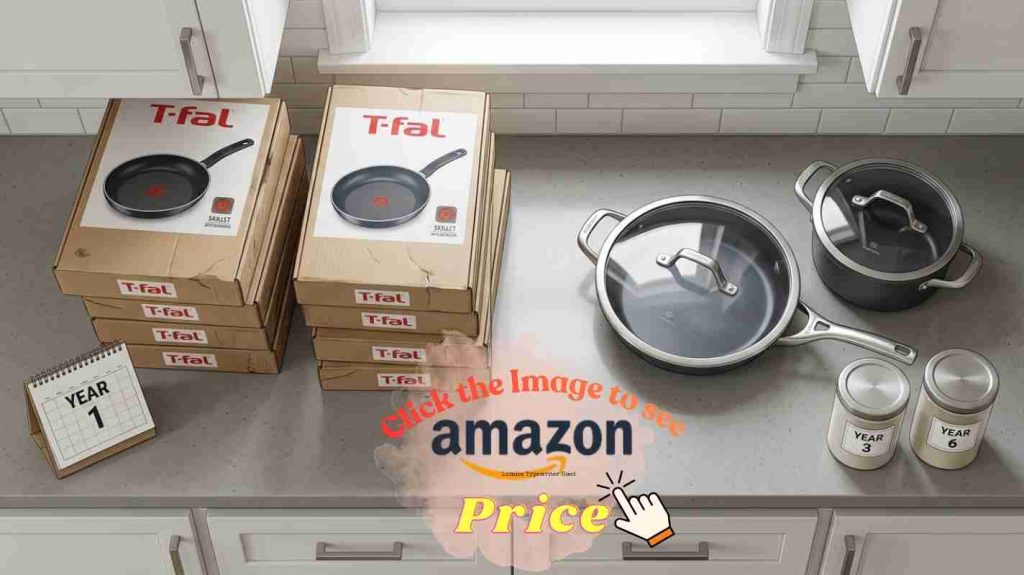 Calphalon and T-Fal cookware compare value: budget starter pans versus longer-lasting nonstick sets.