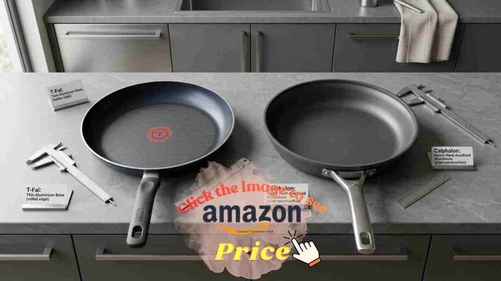 Calphalon and T-Fal cookware side by side, showing thicker Calphalon build and lighter T-Fal design.
