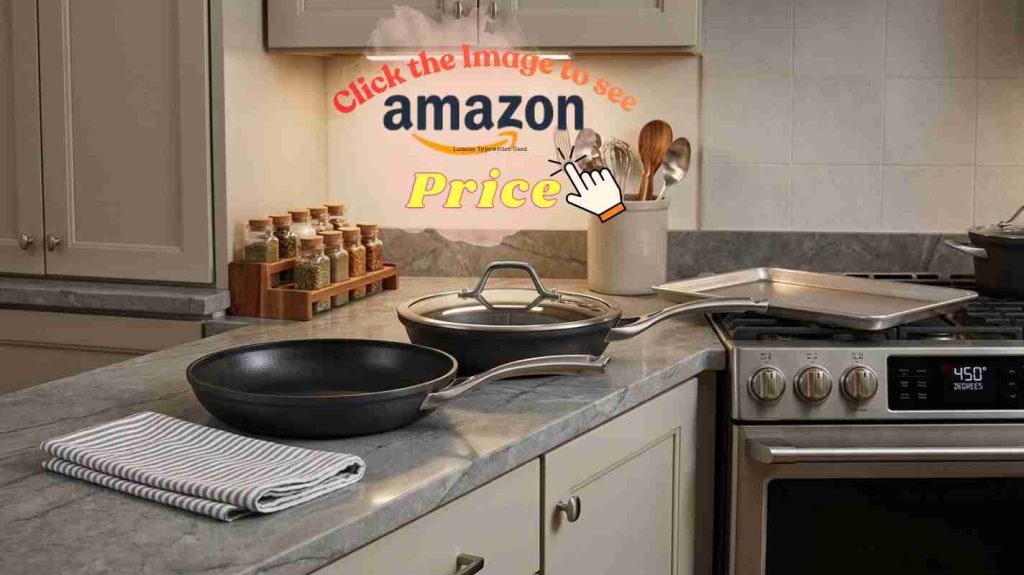 Calphalon cookware in a modern kitchen by a 450-degree oven, showing the article's premium high-heat upgrade.