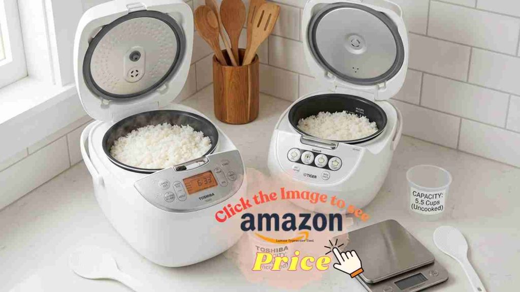 Capacity comparison - Capacity comparison: Toshiba 6 cups vs Tiger 5.5 cups uncooked rice with measuring cups and open rice cooker pots