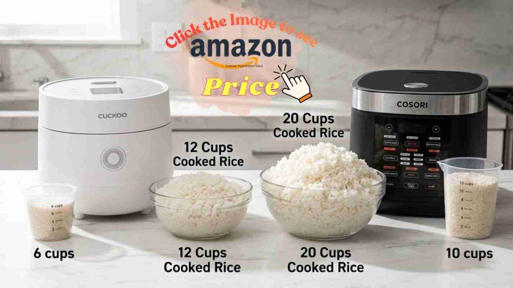 Capacity comparison of Cuckoo and Cosori rice cookers with measuring cups
