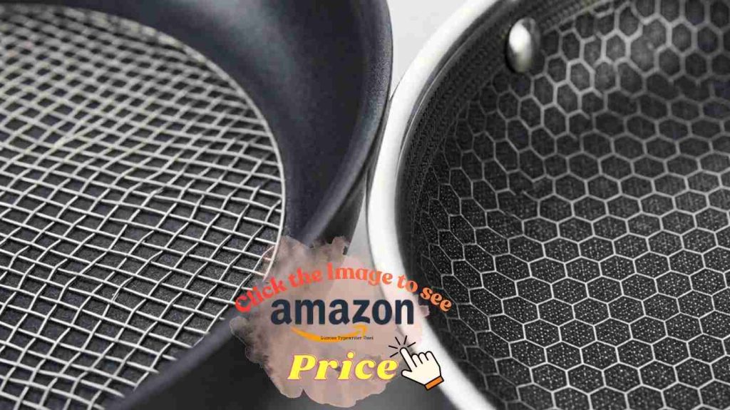 Close-up of Anolon X mesh and HexClad hex pattern, comparing hybrid non-stick cooking surface technology.