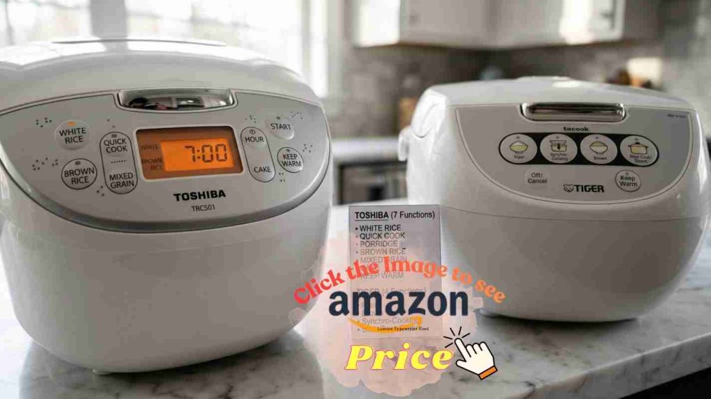Cooking functions - Cooking functions: Toshiba's 7 modes (porridge, cake, mixed grain) vs Tiger's 4 basic functions on control panel