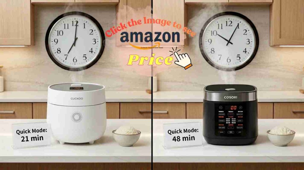 Cooking speed comparison: Cuckoo 35 minutes vs Cosori 50 minutes for white rice with quick mode times shown
