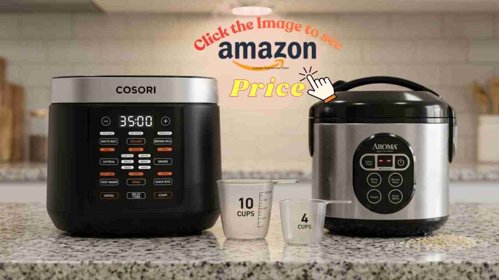 Cosori 10-cup capacity versus Aroma 4-cup capacity shown side by side on granite kitchen counter with measuring cups