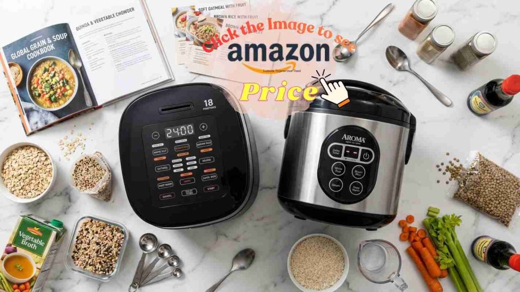Cosori 18 cooking functions versus Aroma 7 functions displayed on modern kitchen countertop with recipe ingredients