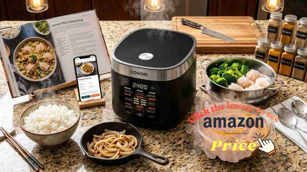 Cosori cooking experience: multi-function results showing rice, saute onions, slow cook curry, steamed vegetables