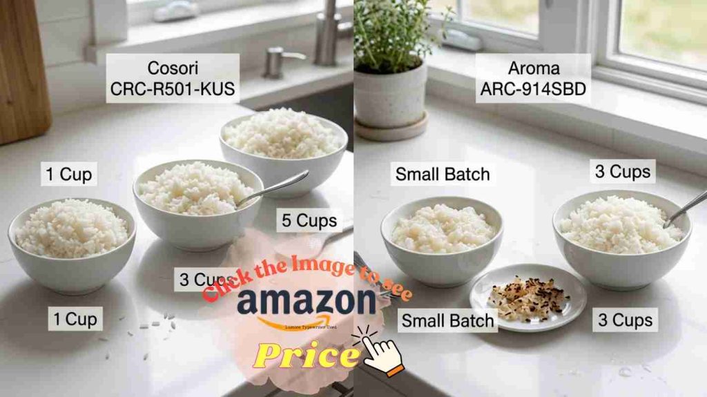 Cosori delivers consistent rice quality across all batch sizes; Aroma struggles with small one-cup batches wetness