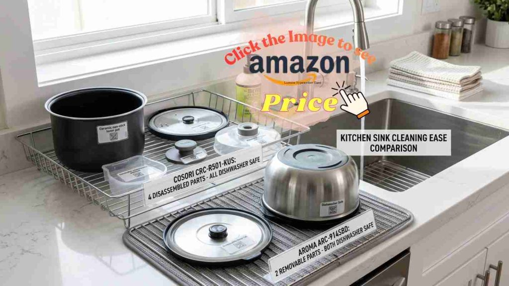 Cosori offers more removable dishwasher-safe parts with condensation collector versus Aroma simpler cleaning