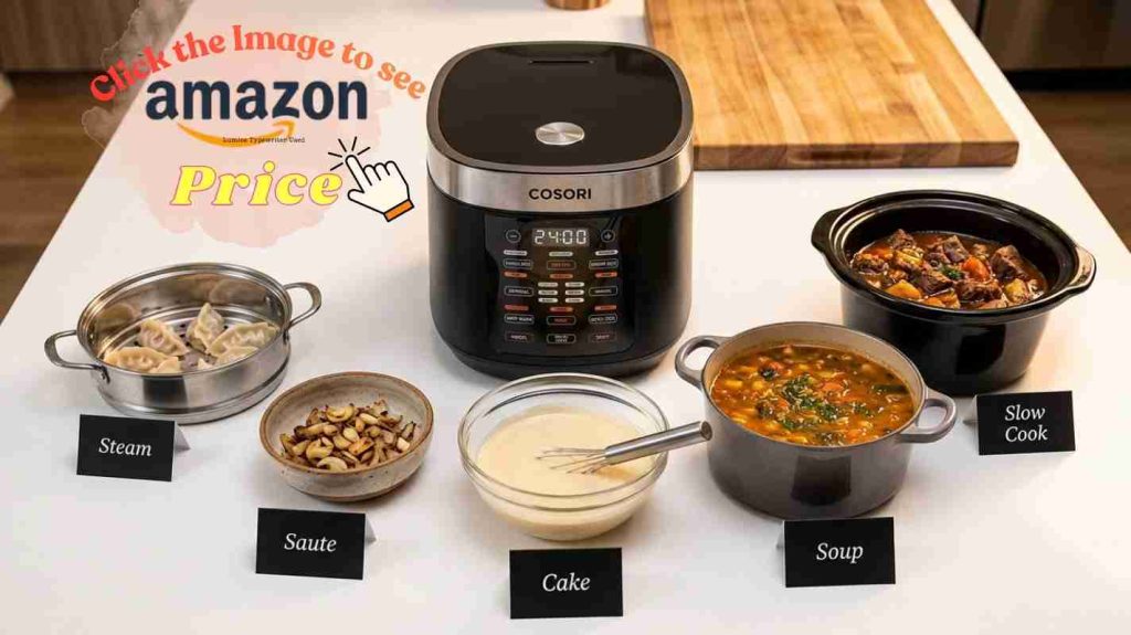 Cosori's 18 cooking functions displayed with steamer basket, saute ingredients, cake batter, soup, and slow cook items