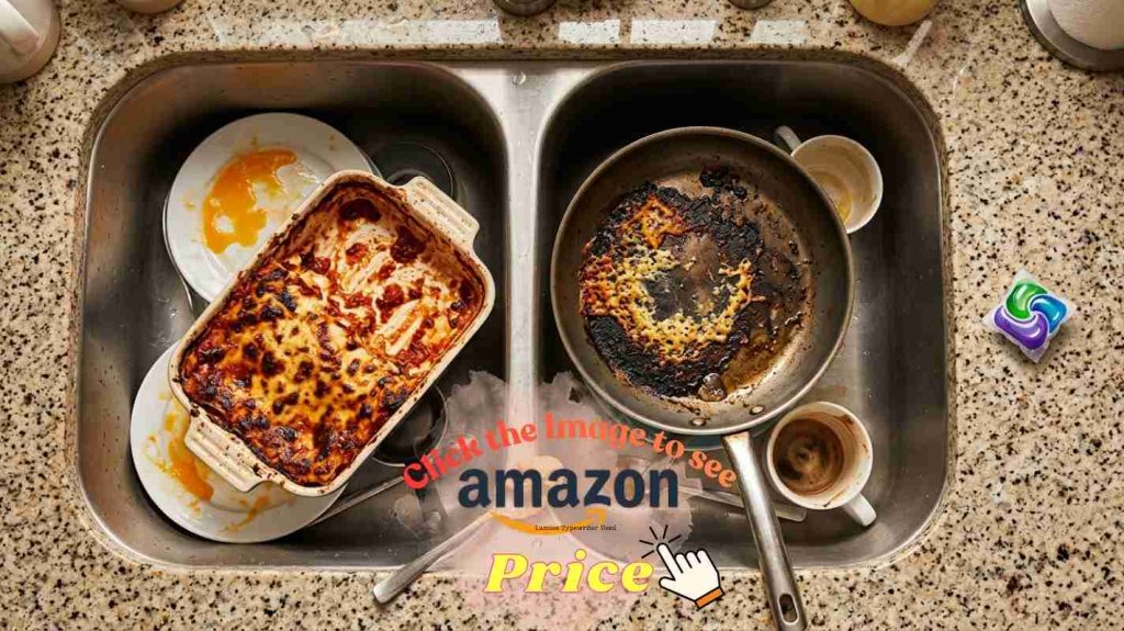 Crusty lasagna, burnt cheese, and dried egg on dishes — the real-world stuck-on food test for Cascade Platinum vs Platinum Plus cleaning.

