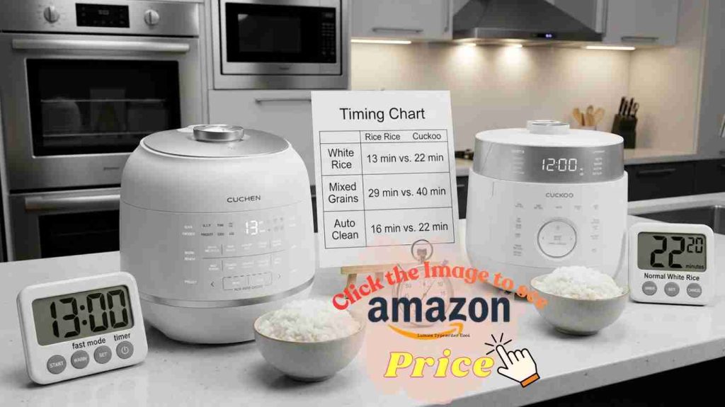 Cuchen 13-minute fast mode vs Cuckoo 22-minute cooking with digital timers showing speed comparison on counter