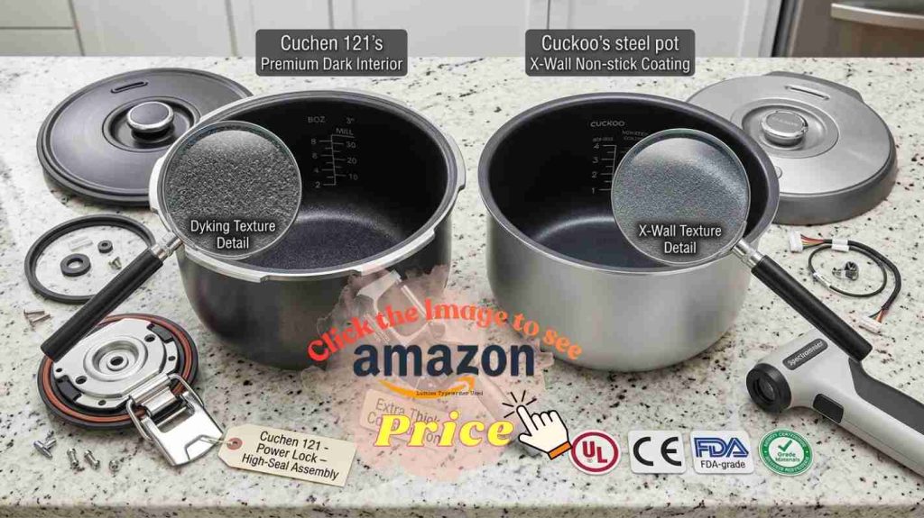 Cuchen Black 121 pot with steel power lock vs Cuckoo X-Wall pot showing build quality parts on kitchen counter
