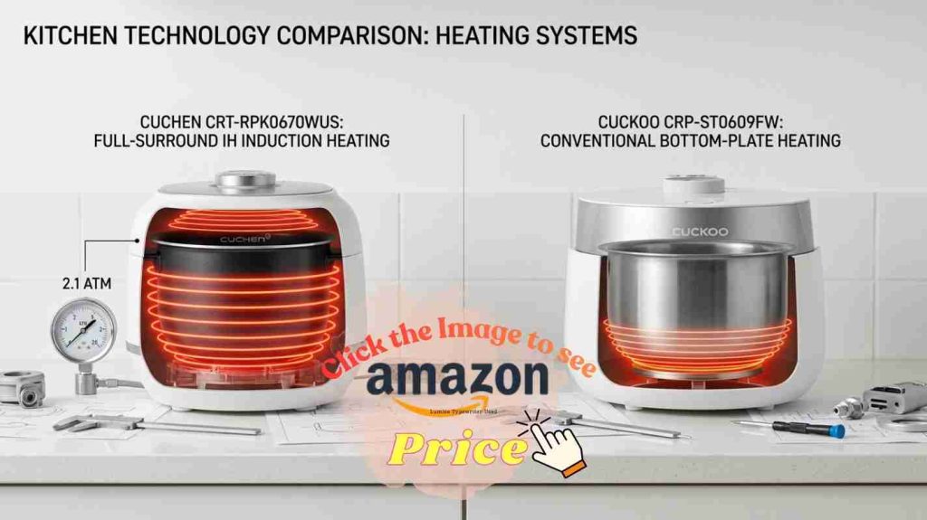 Cuchen IH heating all sides vs Cuckoo heat plate technology with pressure gauge and thermometer on kitchen counter