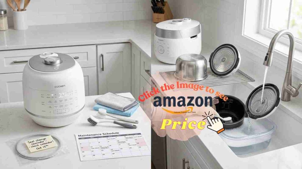 Cuchen clean reminder and seal alert vs Cuckoo auto clean with inner pots and lids at kitchen sink maintenance