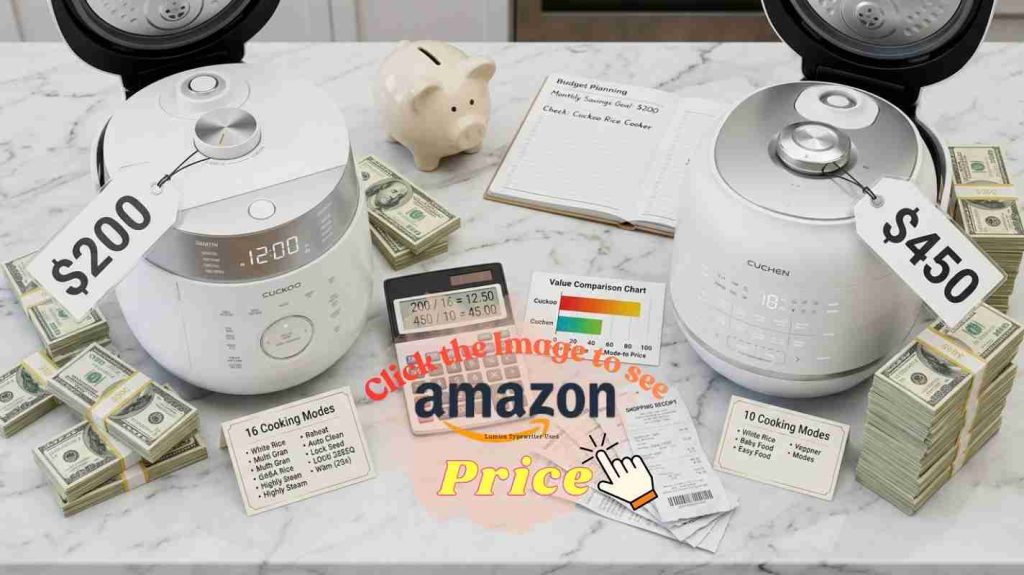 Cuckoo $200 with 16 modes vs Cuchen $450 with 10 modes showing price and value comparison with cash on counter