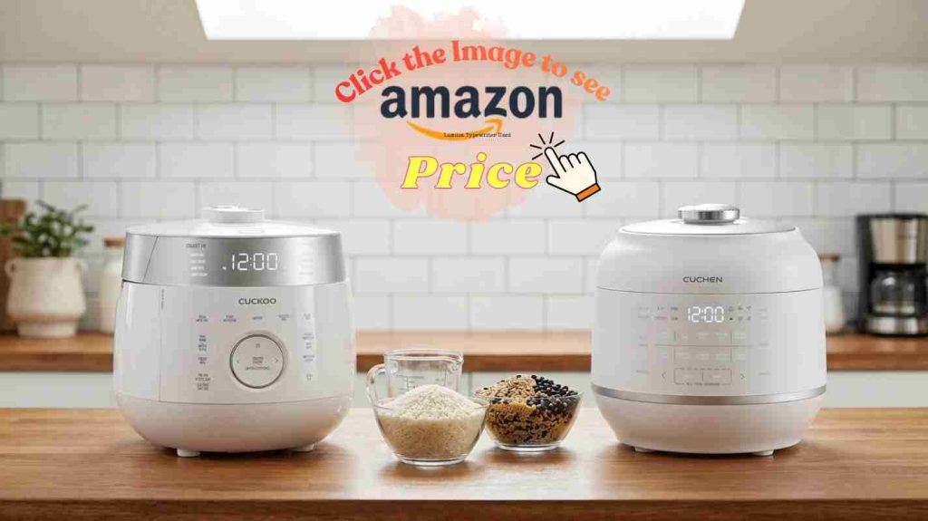 Cuckoo & Cuchen rice cookers side by side with measuring cups, white rice, mixed grains on modern kitchen countertop