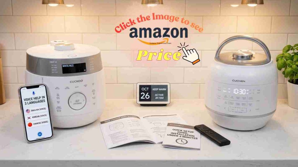 Cuckoo LED buttons with voice help vs Cuchen roll dial interface showing ease of use features on kitchen counter
