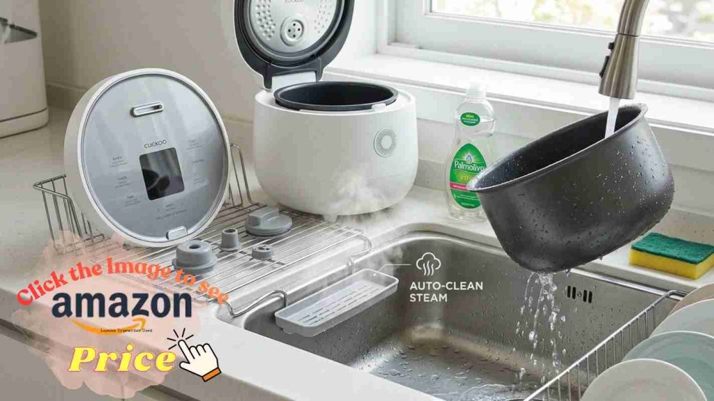 Cuckoo rice cooker auto-clean steam function and detachable parts showing easy maintenance and cleaning