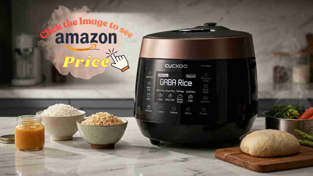 Cuckoo rice cooker control panel displaying GABA mode with ingredients showing versatile 12-16 cooking functions
