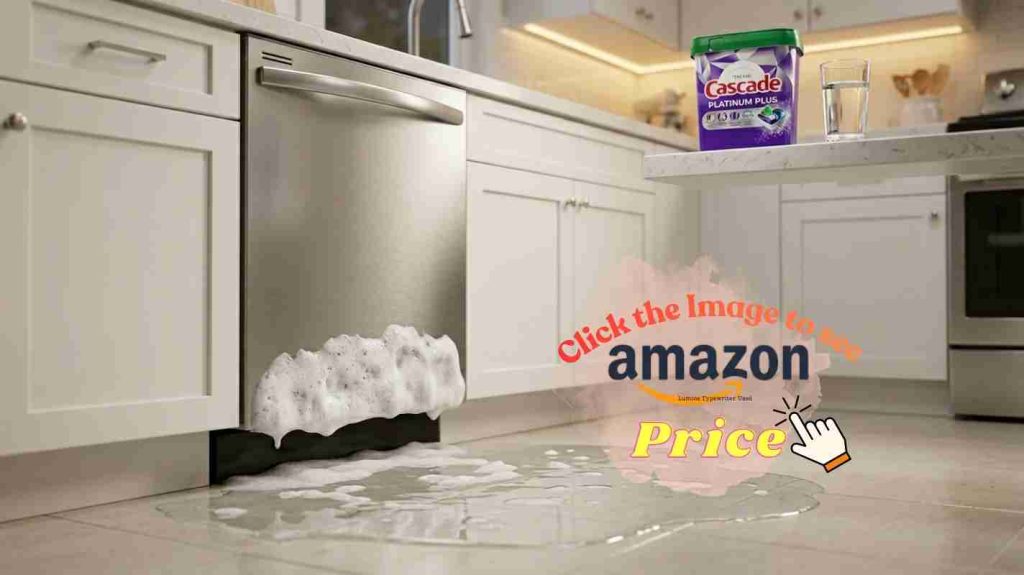 Excess suds overflow from a dishwasher door — the soft water over-sudsing problem some users face with Cascade Platinum Plus pods.

