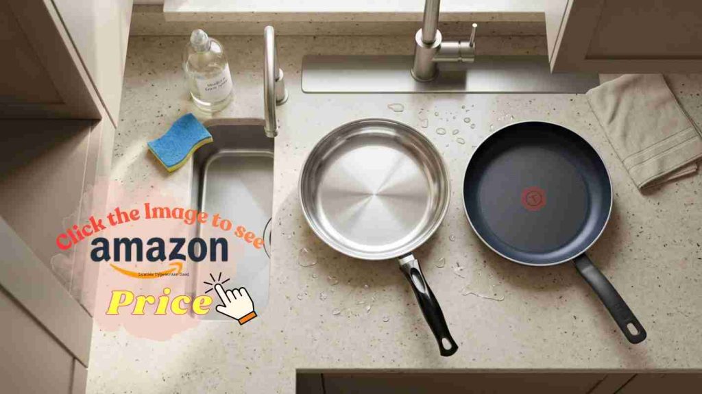 Farberware and T-fal pans by sink with soap and sponge, showing easy cleanup for daily use at sink.