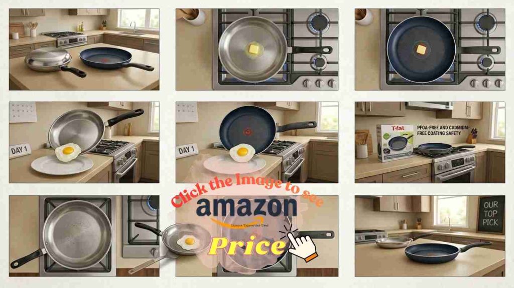 Farberware and T-fal pans compare nonstick durability, with T-fal shown as the longer-lasting pick.