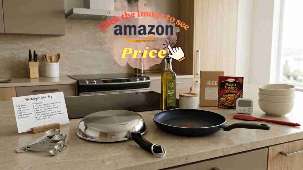 Farberware and T-fal pans with pantry items and utensils showing both brands fit weeknight cooking.