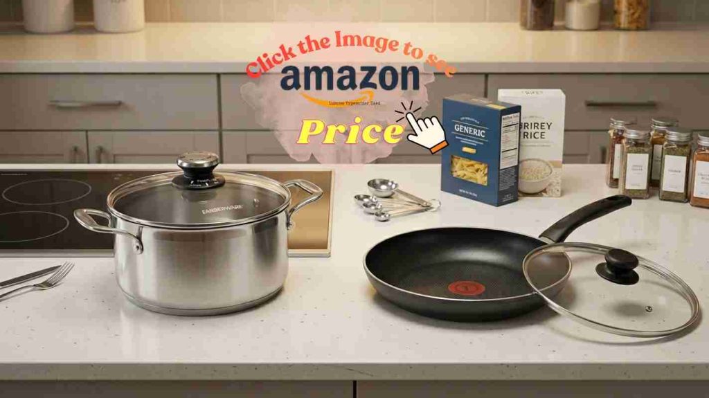 Farberware pot with vented glass lid beside T-fal Thermo-Spot pan, showing smart cookware features.