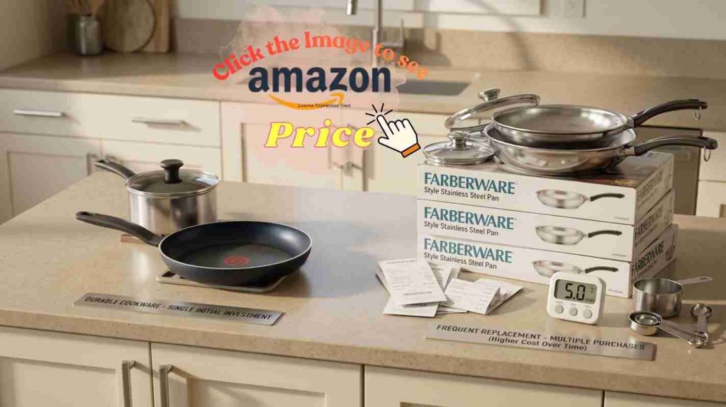 Farberware replacements beside durable T-fal pans showing value over time on a neat kitchen counter