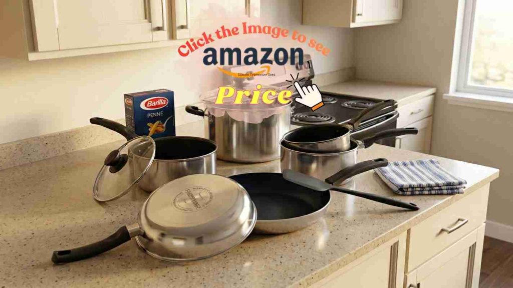 Farberware stainless pans in budget kitchen with starter tools, suited for first-apartment cooking.