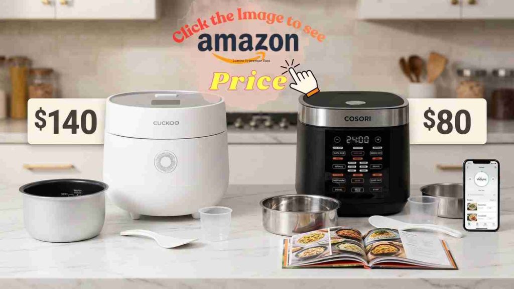 Price and value comparison: Cuckoo $140 with basic accessories vs Cosori $80 with steamer, recipe book, app