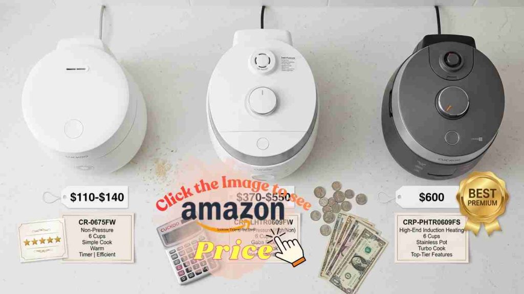 Price comparison shows budget CR-0675FW, mid-range CRP-LHTR0609FW, and premium CRP-PHTR0609FS rice cookers on counter