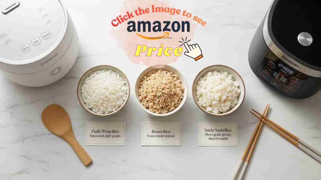 Rice quality comparison showing white rice, brown rice, and sushi rice texture options between Cuckoo and Cosori