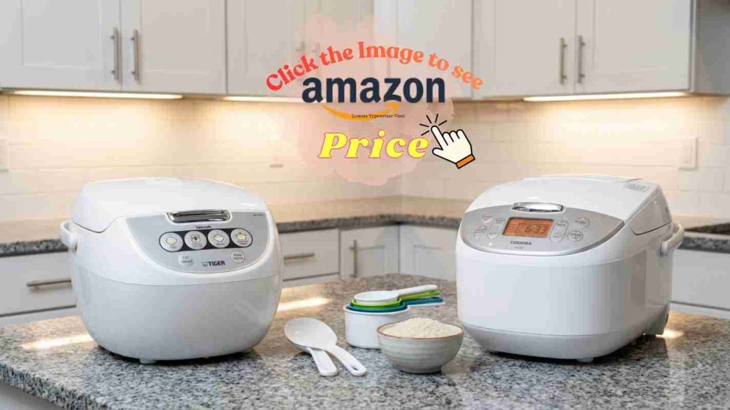 Side-by-side comparison - Tiger and Toshiba rice cookers side-by-side on kitchen counter for comparison review